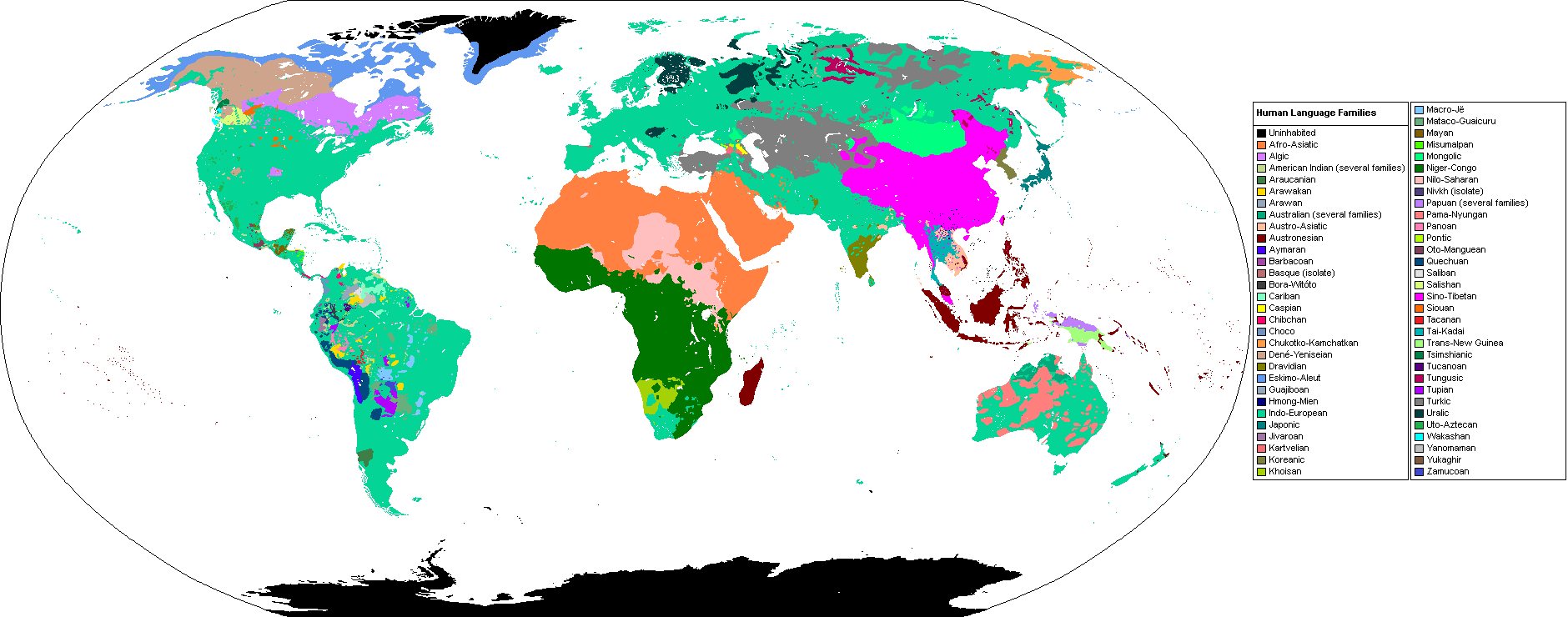 上图:世界主要语系(Language Family)的分布。根据Ethnologue 2015年的资料,目前全世界已知7472种语言。语言学家们根据这些语言之间的关系,把它们分为数百种语系,但他们至今无法在语系的划分上取得统一意见,更无法合理解释这些语系的「祖语 Proto-language」来源于何处,只有圣经能提供答案。