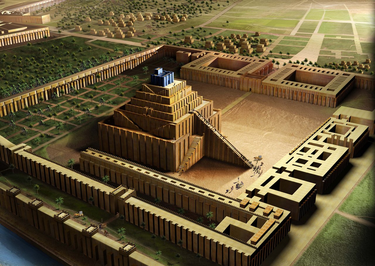 上图:主前610年新巴比伦帝国的巴比伦塔庙(Ziggurat)示意图。每个美索不达米亚早期城市都有一个塔庙,作为城市守护神从天而降的阶梯。塔庙于主前4000年由苏美尔人的高台演化而来,苏美尔人、巴比伦人、埃兰人、阿卡德人和亚述人都曾建造塔庙,高度从两层到七层不等。塔庙的造法基本相同,内部用晒制砖填充,每隔一定高度就铺上一层芦苇席,外壳以沥青作胶泥,用烤制砖砌成,国王的名字有时会刻在这些砖头上。希腊史学家希罗多德(主前484-425年)所描述的巴比伦塔庙有7层,高91米,占地91米x91米,顶端有神龛,是当时这个地区最高、最显眼的建筑,用来敬拜巴比伦的守护神马尔杜克。主前330年,亚历山大下令铲平这座塔庙,以便在原址上建造他的陵墓。结果壮志未酬身先亡,重建计划成了烂尾工程。