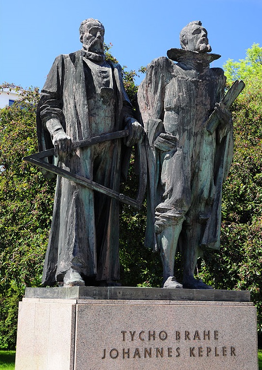 上图:位于布拉格第谷故居的第谷与开普勒雕像。第谷.布拉赫(Tycho Brahe,1546-1601年)是丹麦天文学家,他拥有肉眼观测的时代最精密的天文观测记录,但却无法总结出行星运动的规律,最后把所有的观测数据都留给了他的助手开普勒。 开普勒(Johannes Kepler,1571-1630年)是德国数学家,从小喜欢天文,但却因天花而严重弱视、双手残废,只能根据第谷的观测数据进行计算、分析。他坚信神按照完美的数学原则创造宇宙,行星运动的规律一定是和谐的。从这个信念出发,他最终从第谷的火星轨道观测数据中总结出了行星三大定律,后来启发了英国科学家牛顿(Isaac Newton,1643-1727年)发现万有引力定律,奠定了现代科学的基础。