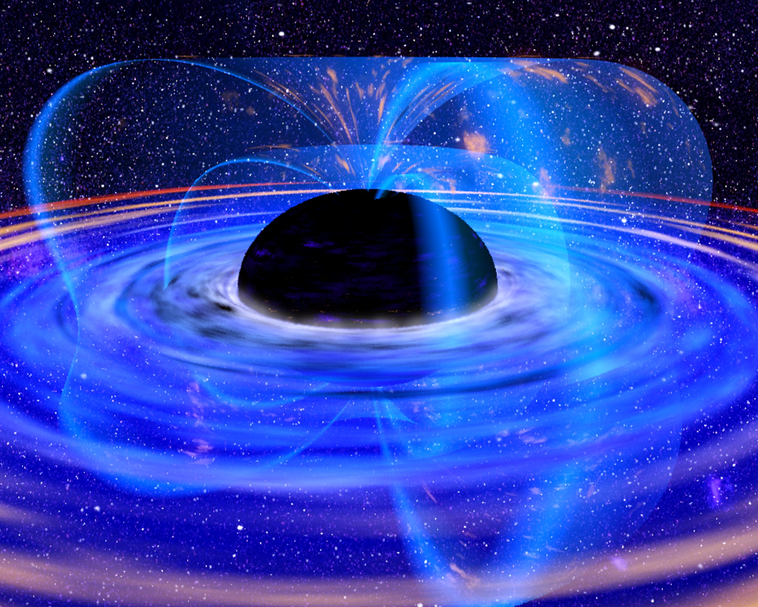 上图:超大质量黑洞的艺术想象图。热寂理论(Heat death of the universe)是猜想宇宙终极命运的一种假说,源于19世纪,发展于20世纪。根据热力学第二定律,作为一个孤立的系统,宇宙的熵(entropy)会随着时间的流逝而增加,也就是由有序走向无序。当所有的质子都已完成衰变后,宇宙中就只剩黑洞和轻子;当所有的黑洞蒸发以后,所有的物质都衰变为光子和轻子,宇宙进入低能状态,量子事件将成为宇宙的主宰。这种状态称为热寂。