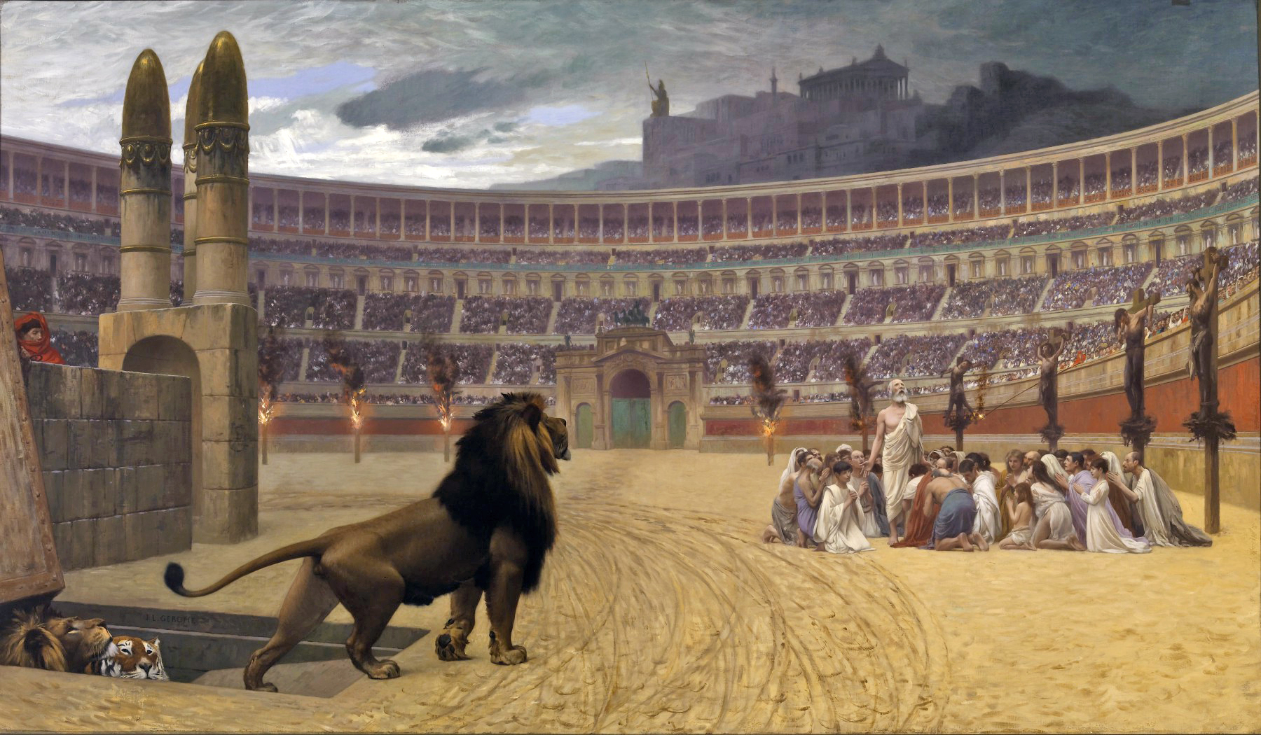 上图:油画《基督教殉道者最后的祷告 The Christian Martyrs' Last Prayer》,法国画家让-里奥·杰洛姆(Jean-Léon Gér?me)绘于1863-1883年。这幅画描绘了尼禄皇帝迫害基督徒的情景:竞技场周围的柱子上,左边是遭受火刑的基督徒,右边是被十字架处死的基督徒,中间的一群基督徒正在祷告,看台上挤满了看热闹的罗马人,远处是罗马城内高耸的神庙和偶像,近处是一群猛兽从地下甬道进入斗兽场,准备把基督徒们撕得粉碎。不管怎么逼迫,信主的人却越来越多。两百多年以后,罗马皇帝宣布基督教为国教。