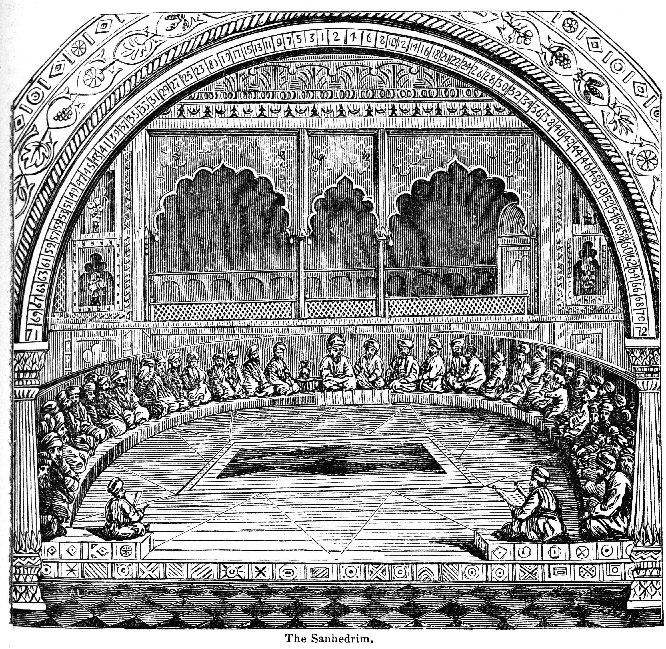 上图:古代以色列的法庭。公会(Sanhedrin)是由23或71位长老组成的法院,这些长老在第二圣殿被毁后被称为拉比(Rabbis)。大公会(Greater Sanhedrin)是最高法院,包括一名大法官、一名副大法官和另外69名成员。每个城市都有一个23名法官组成的小公会(Lesser Sanhedrin)。在东罗马帝国的持续迫害下,犹太大公会于主后425年被解散。