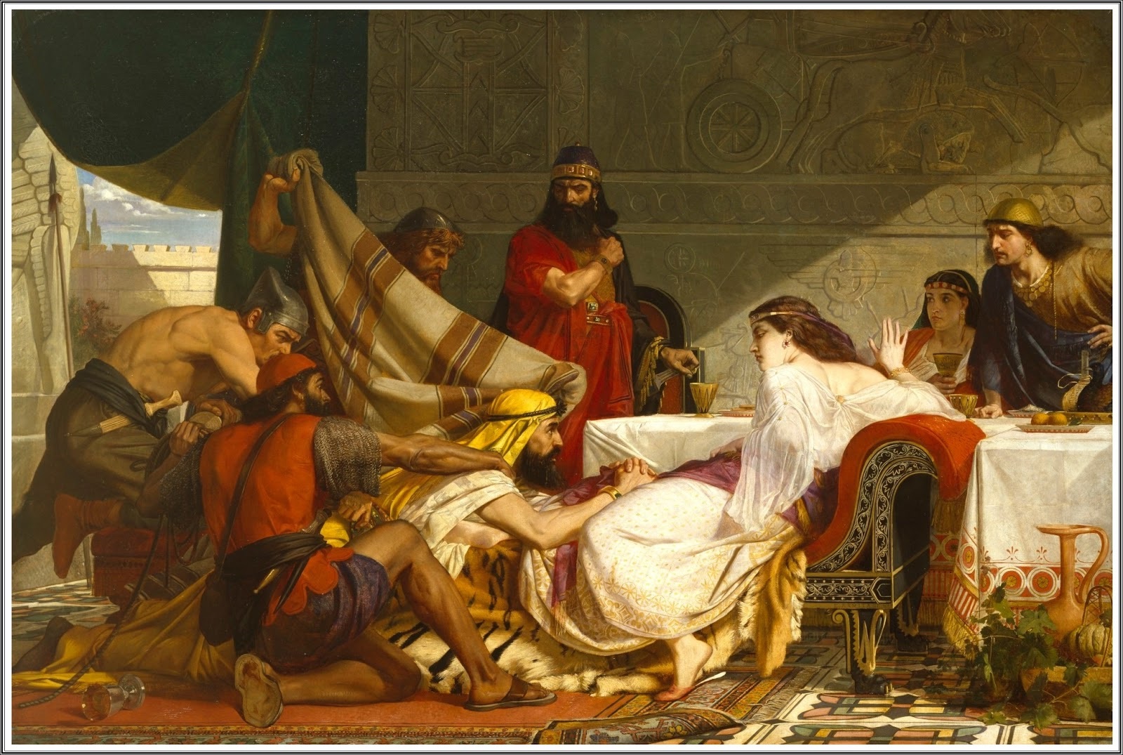 上图:英国画家爱德华·阿米蒂奇(Edward Armitage,1817-1896)1865年的油画作品《以斯帖的筵席 The Festival of Esther》,描绘「哈曼伏在以斯帖所靠的榻上」(斯七8),向她求情。
